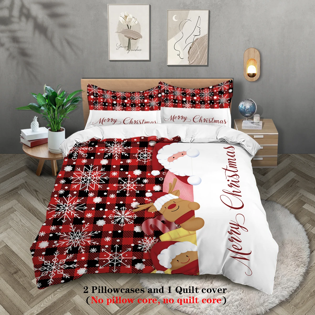 

3-piece Christmas themed red checkered reindeer Santa Claus pattern print (1 duvet cover+2 pillowcases, no core) bedding set