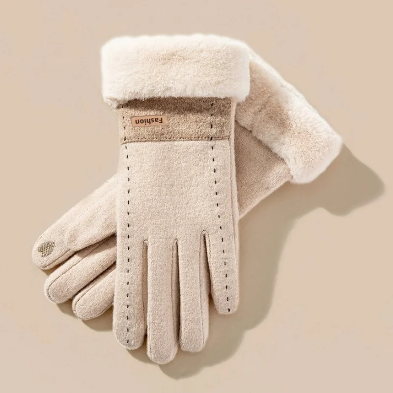 Moda de invierno, Guantes gruesos de felpa para mujer, Guantes cálidos de gamuza para exteriores, Guantes para conducir con pantalla táctil para mujer, Guantes elásticos con dedos completos