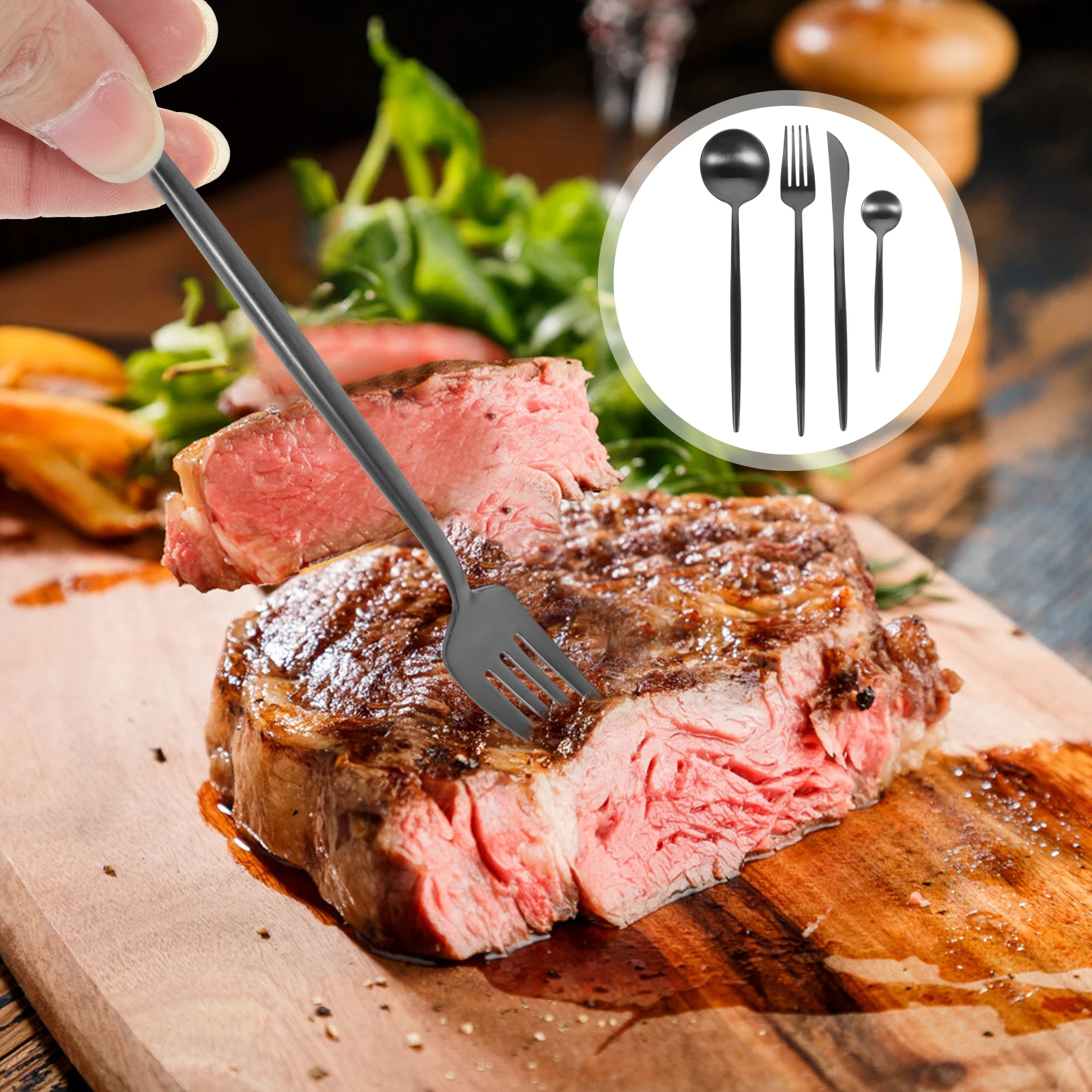 

1 set 1 Set Stainless Steel Cutlery Set Ergonomic Long Handle Spoon Fork Cutter Kit For Parties Buffet Home Restaurant Portable