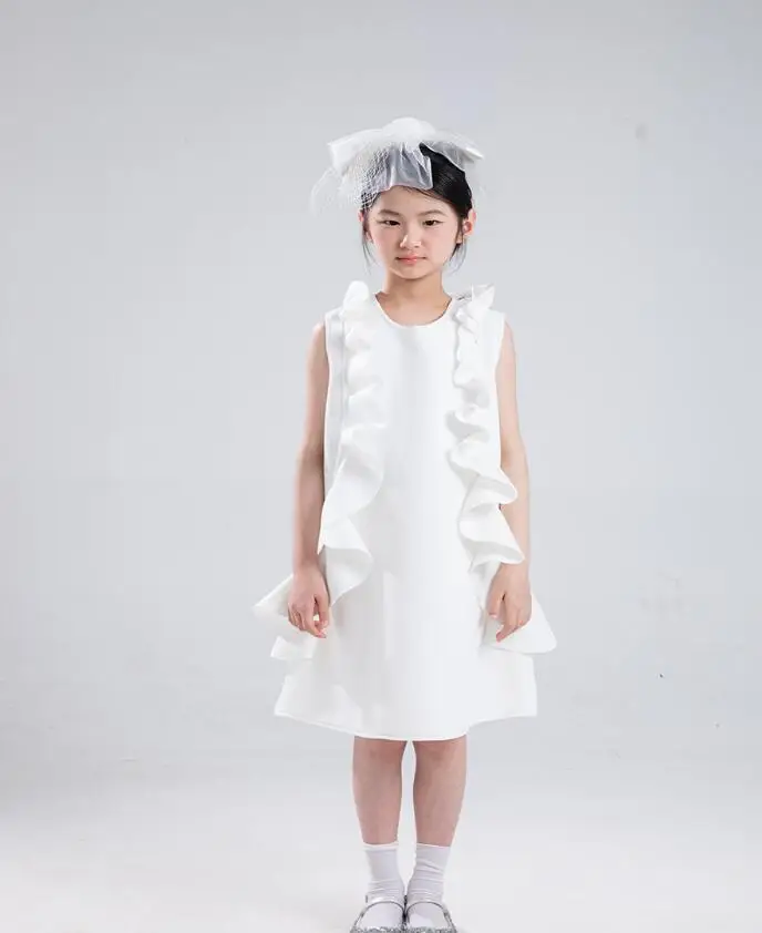 New Children' Elegant White Princess Ball Gown Girls Cute Sleeveless Ruffled Birthday Party Dress g112