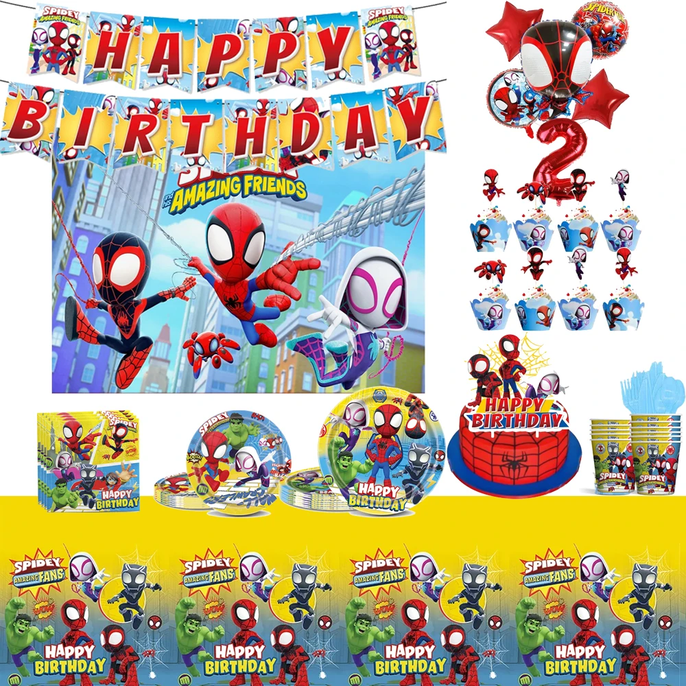 New Spidy And His Amazing Friend Birthday Party Decorations Tableware Paper Plate Cup Balloons Tablecloth Gifts Kids Baby Shower