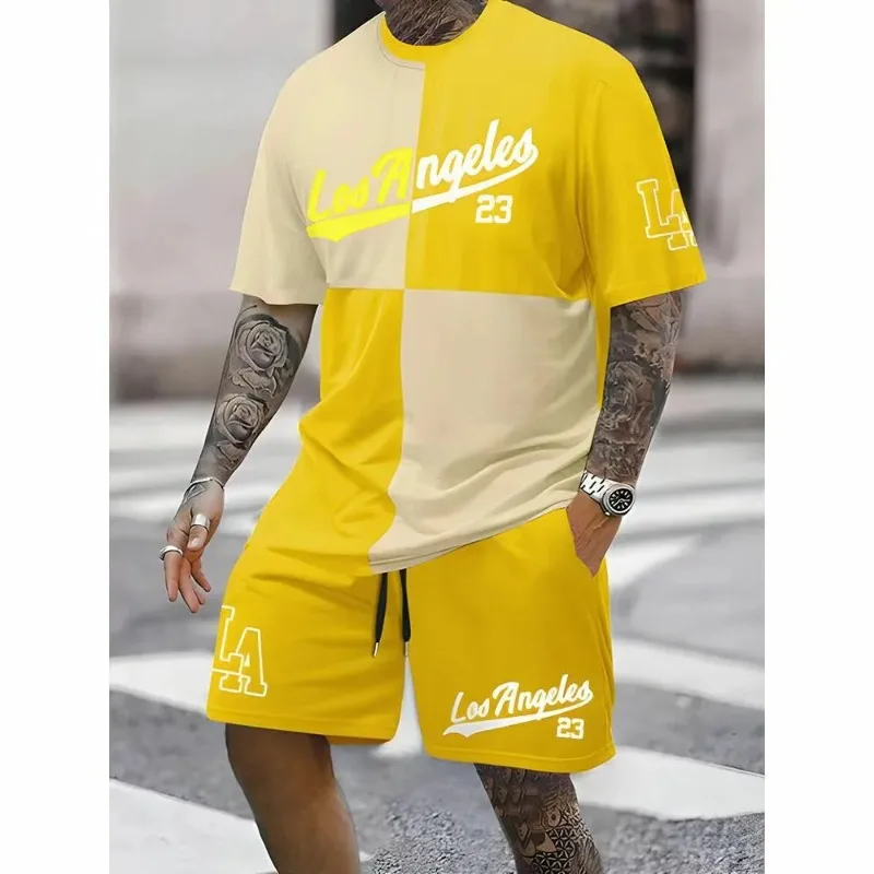 2025 Men's 3D Printed Short Sleeved Shorts Set, Fashionable Daily Casual Trend Round Neck Polyester Fiber Two-piece Set