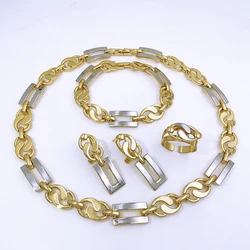 Conjunto de joyas de Color dorado de Dubái para mujer, collares únicos de dos tonos, joyería de fiesta de oro de 18K, collar, pendientes, pulsera, anillo