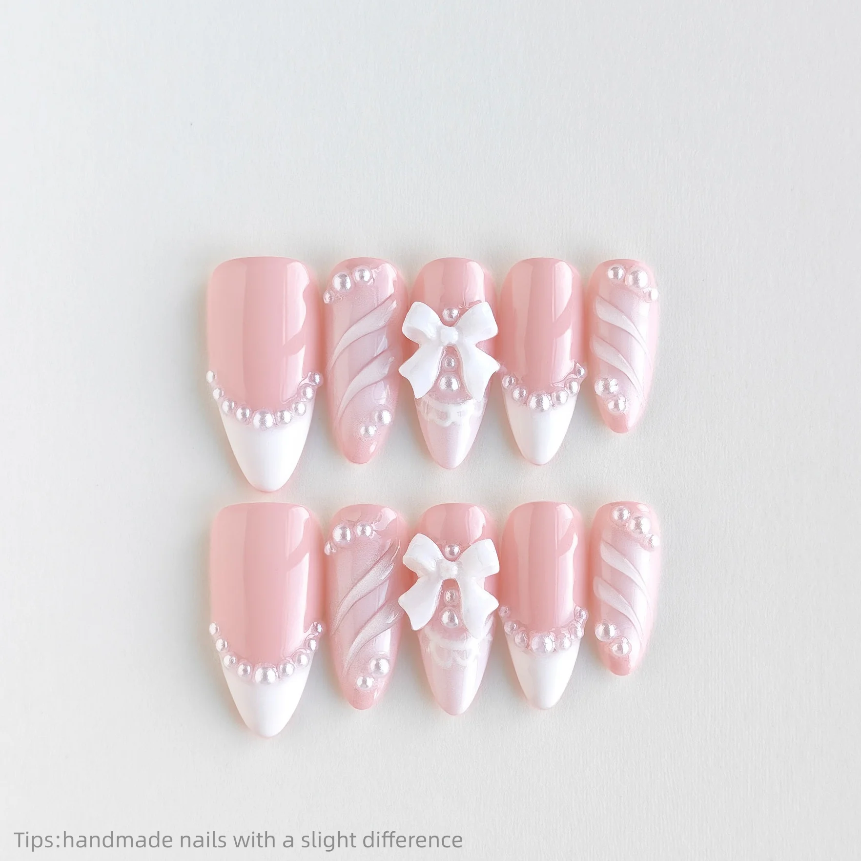 

10 шт., ручная работа, розовый, белый цвет, жемчужный пресс для ногтей, миндалевидные длинные полное покрытие, носимые многоразовые корейские милые накладные ногти 2026