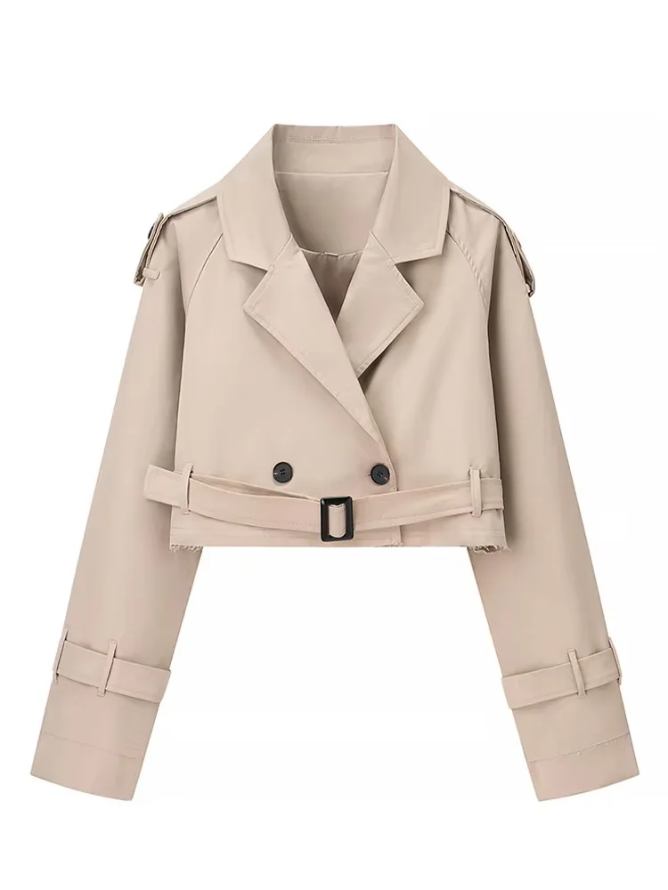 

HH Women's Autumn Fashion Vintage Turn Down Collar Joker Short Cut Solid Jacket Female Loose Belt High Street Casual Coat
