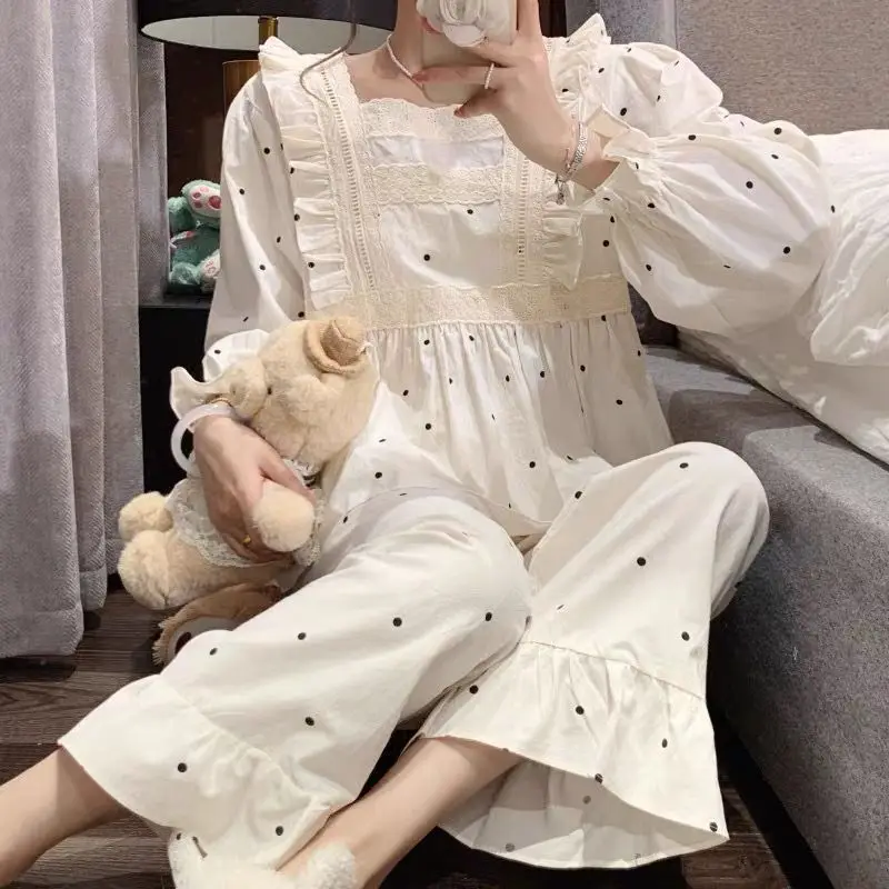 Polka Dot Sleepwear Women Pajama Sets Ruffles Piiama Korean Pants Sets 2 Pieces Square Collar Night Wears Autumn Home Suit New