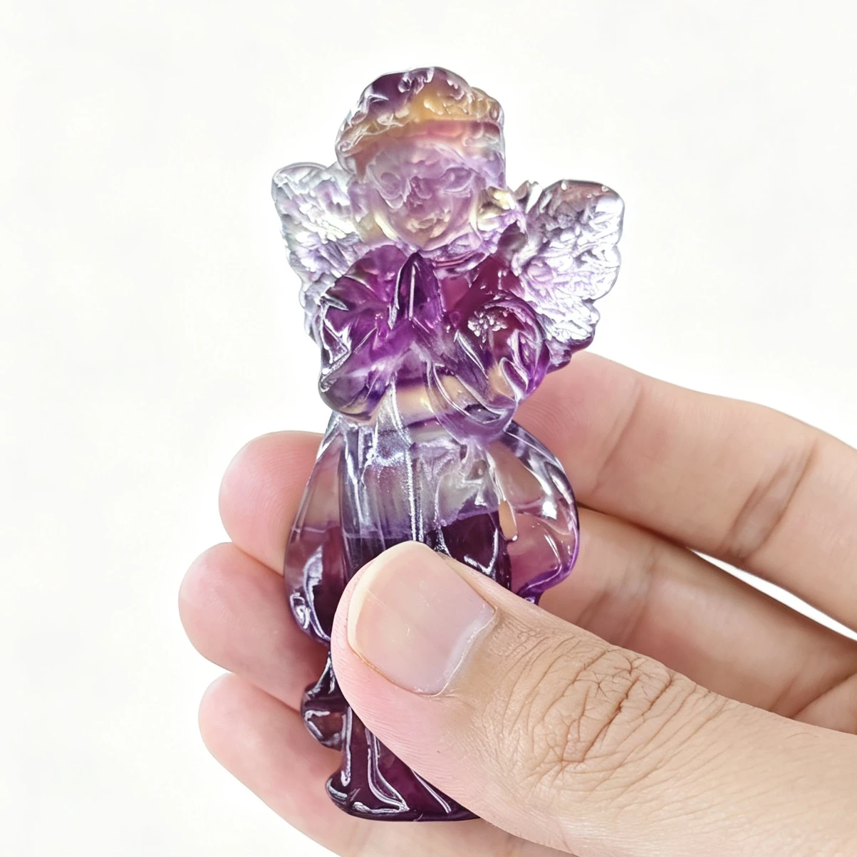 Natural Light Rainbow Fluorite Carved Angel Figurine Praying Guardian Statue Purple Yellow Crystal Home Decor Gift 1 Pc