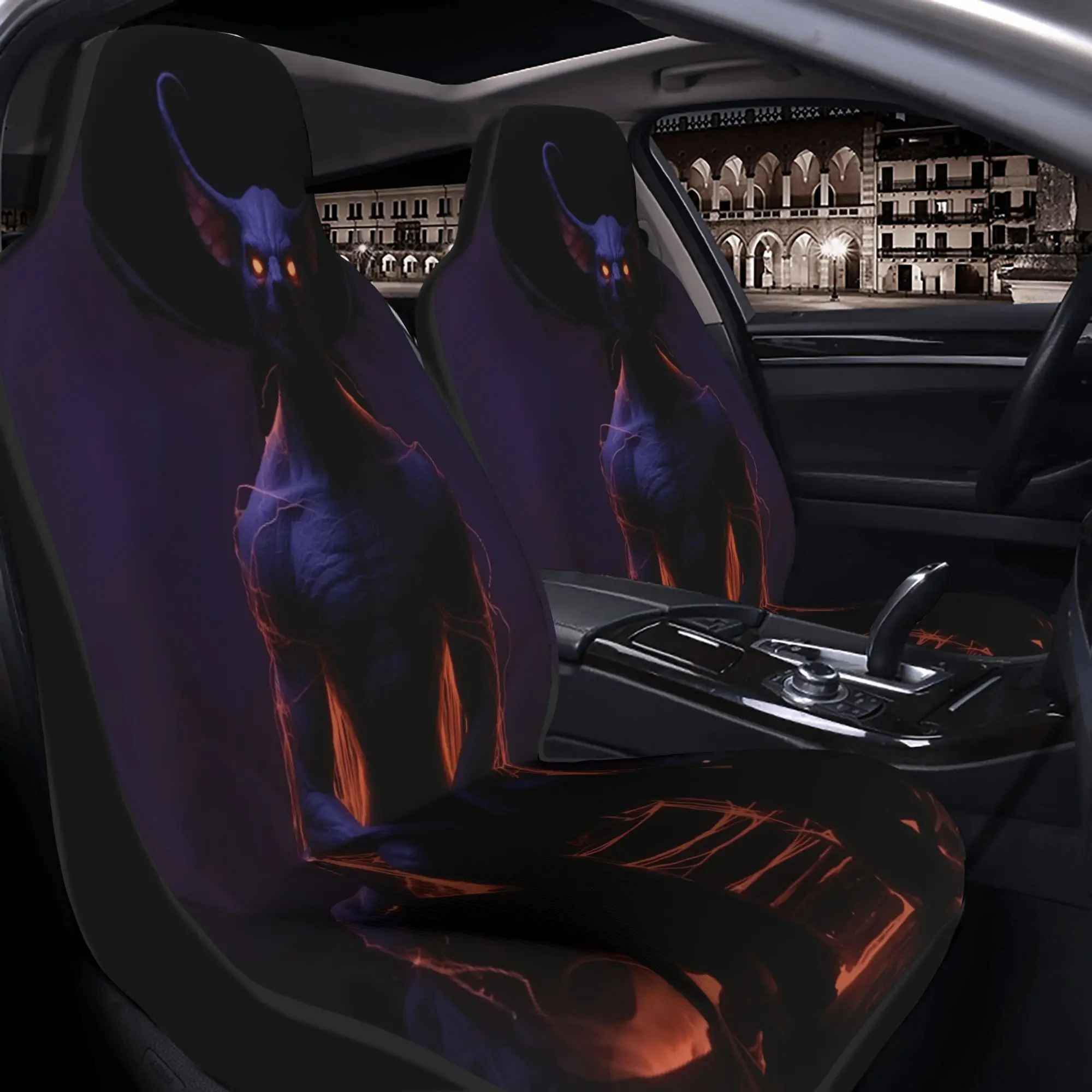 2pcs A Mysterious Demon With Glowing Eyes And Fiery Veins On ThroneCar Seat Covers, Suitable For All Vehicles, Christmas Gifts A