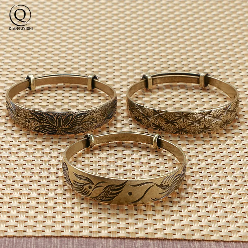 Retro Brass Star lotus Dragon Phoenix Pattern Princess Bangle Classic Pure Copper Open Bracelet Ancient Women Wristband Gifts