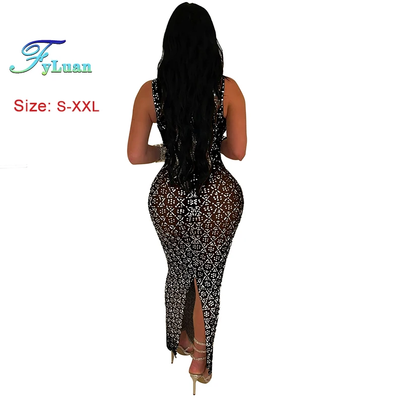 Sleeveless Shiny Round Neckbodycon Dress for Women Rear Slit Short Sleeve Long Dress for Wedding And Party Female Vestidos Para