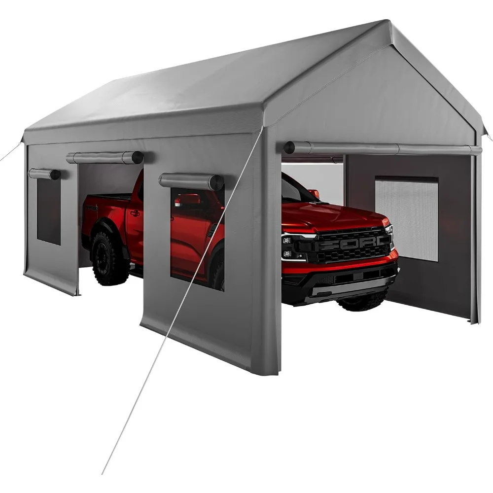 

Heavy Duty Carport with PE Fabric and Galvanized Steel Frame, Portable Garage with Roll-Up Doors and 4 Windows, Car Canopy