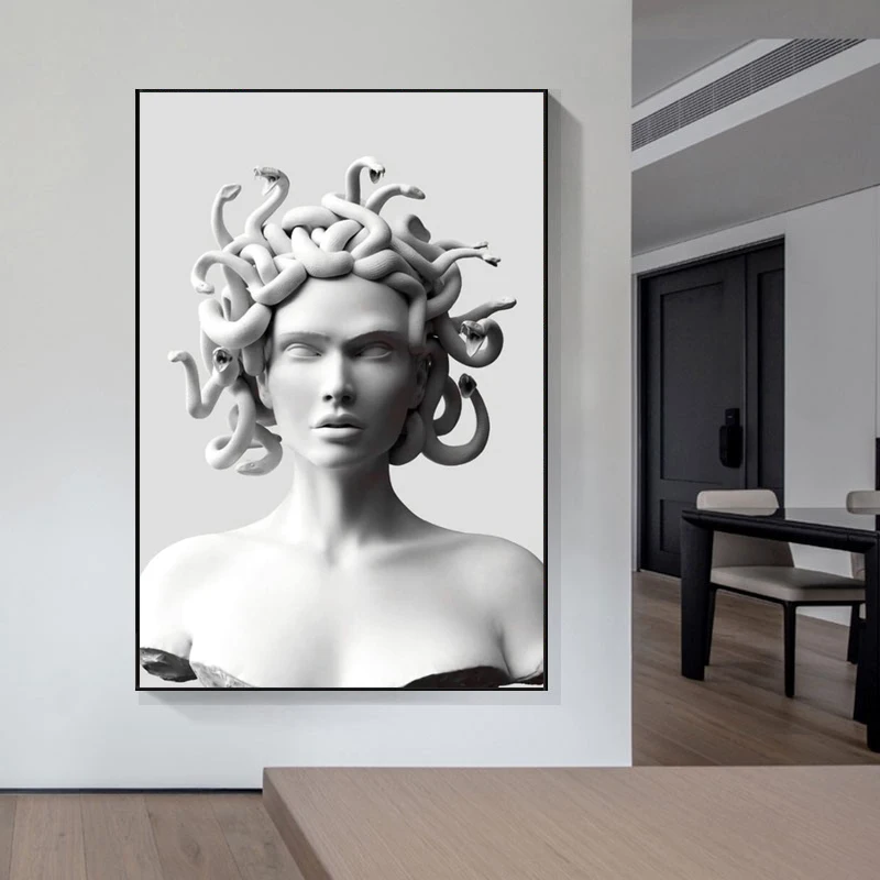 Canvas Painting Vaporwave Sculpture Of Medusa Canvas Posters Graffiti On the Wall Art Cover Face of Medusa Living Room Pictures