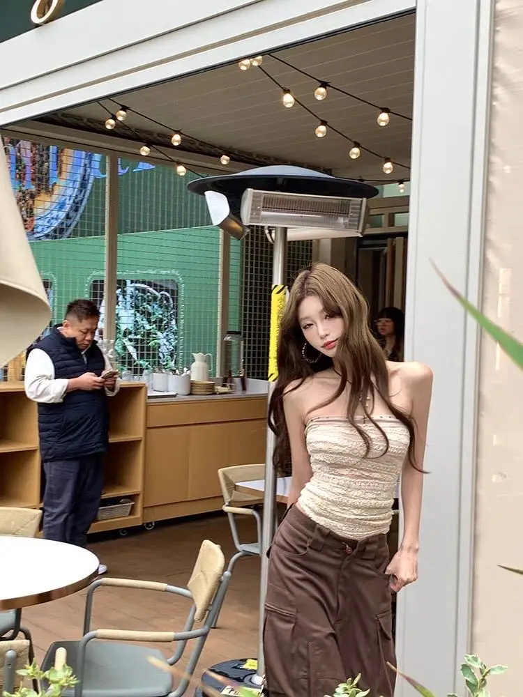 Women Backless With Chest Pad Strapless Tube Top Y2k Sexy Crop Top Sleeveless Corset Top Two-piece Set Folds Vest Streetwear