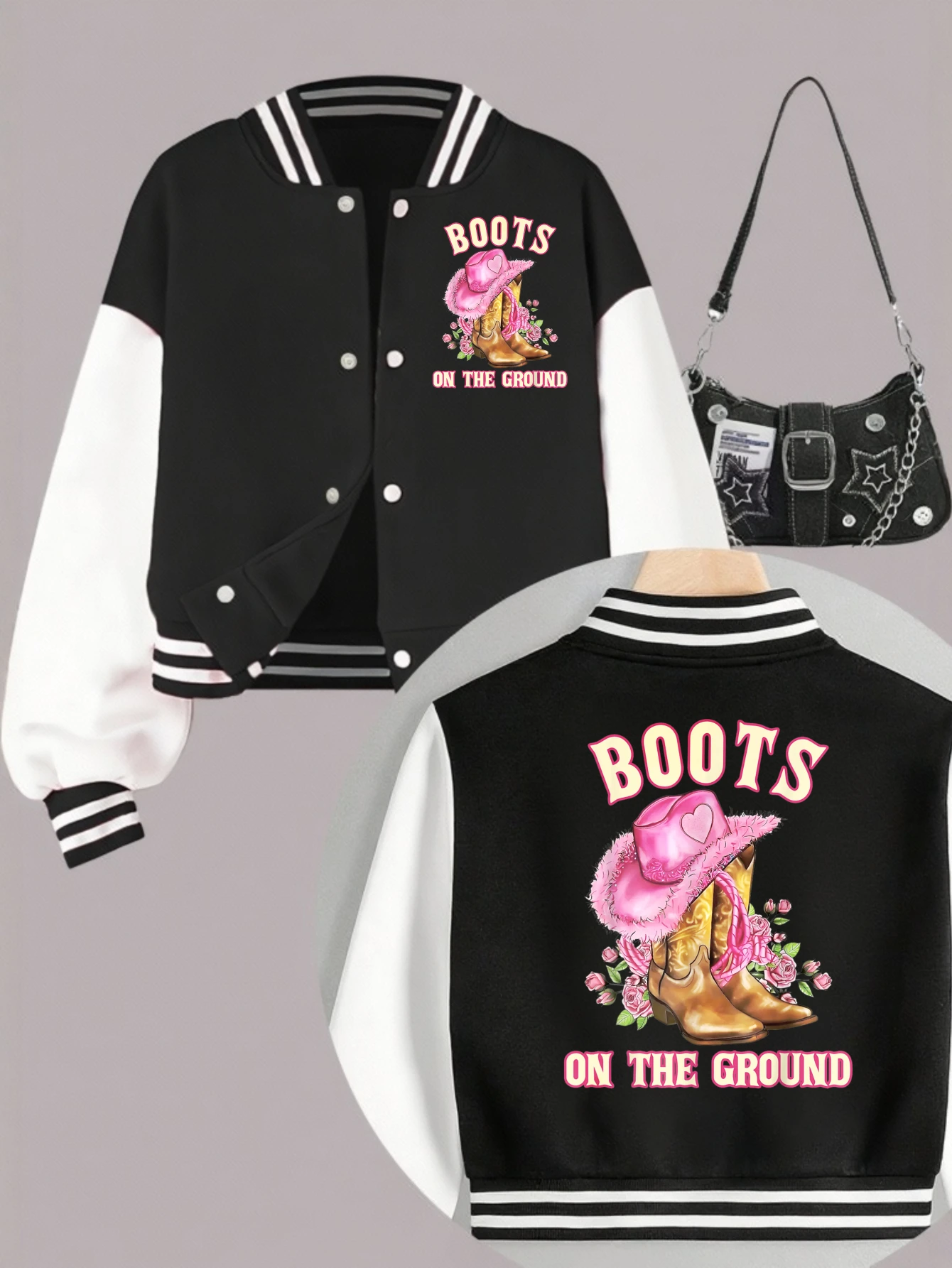 1 Uds Otoño Invierno ropa para niñas botas en Da Ground estampado de doble cara corto recortado estilo escolar chaqueta de béisbol para niñas