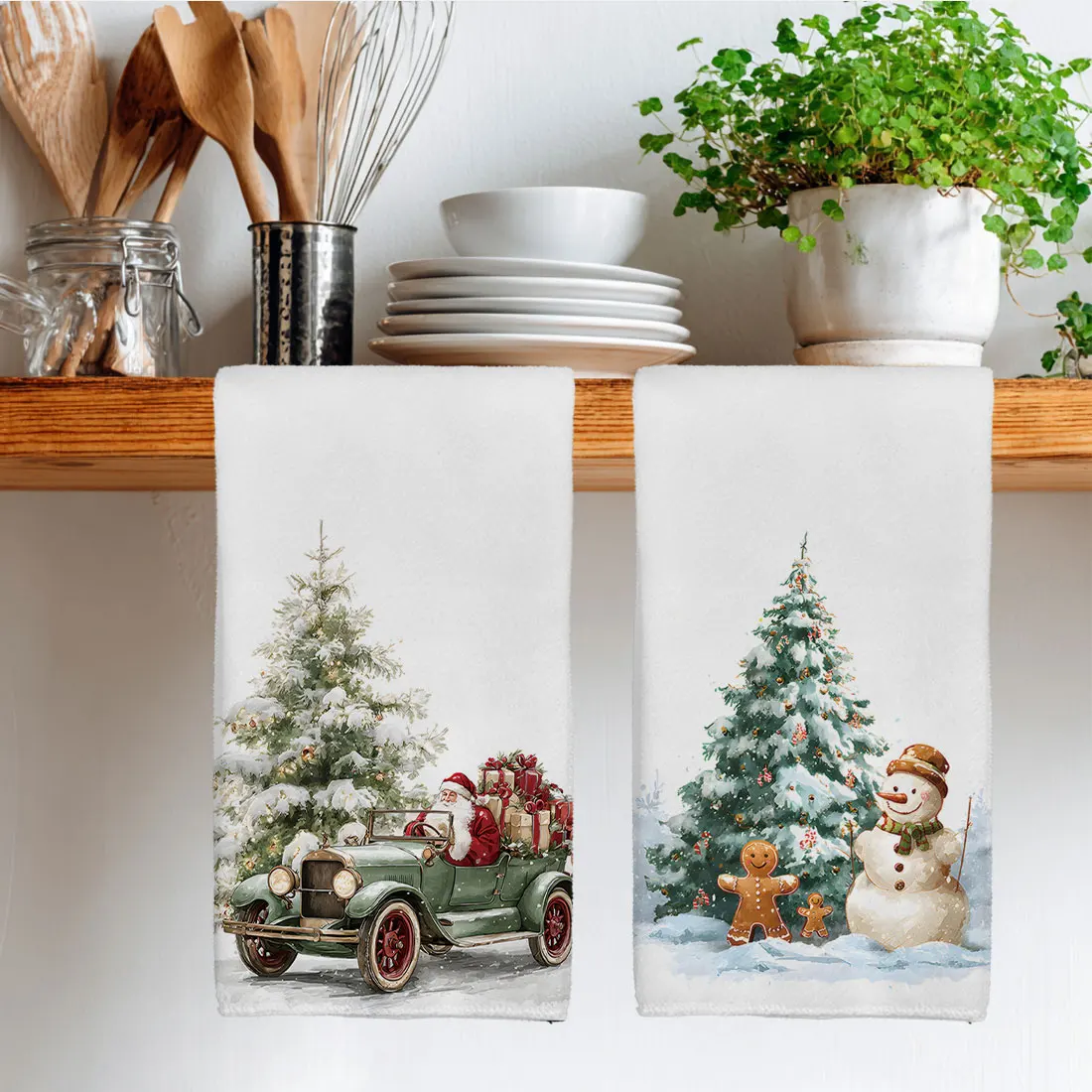 40x60cm Christmas Snow SceneTowel Kitchen Dishcloth Grid  Snowman Elk Christmas Tree Pattern Cloth Gift Merry Christmas Decor