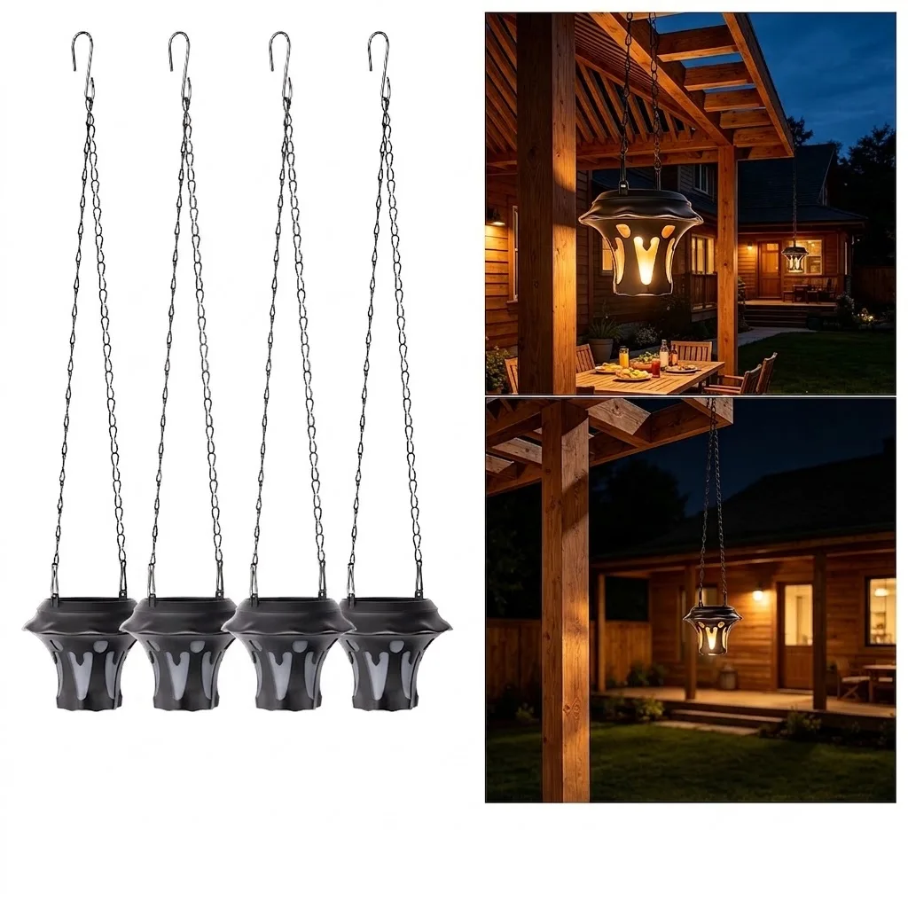 4Pc Solar Powered Flickering Flame Lights Outdoor Waterproof Hanging Lanterns Auto On/Off for Fence Lawn Yard Housewarming Gift