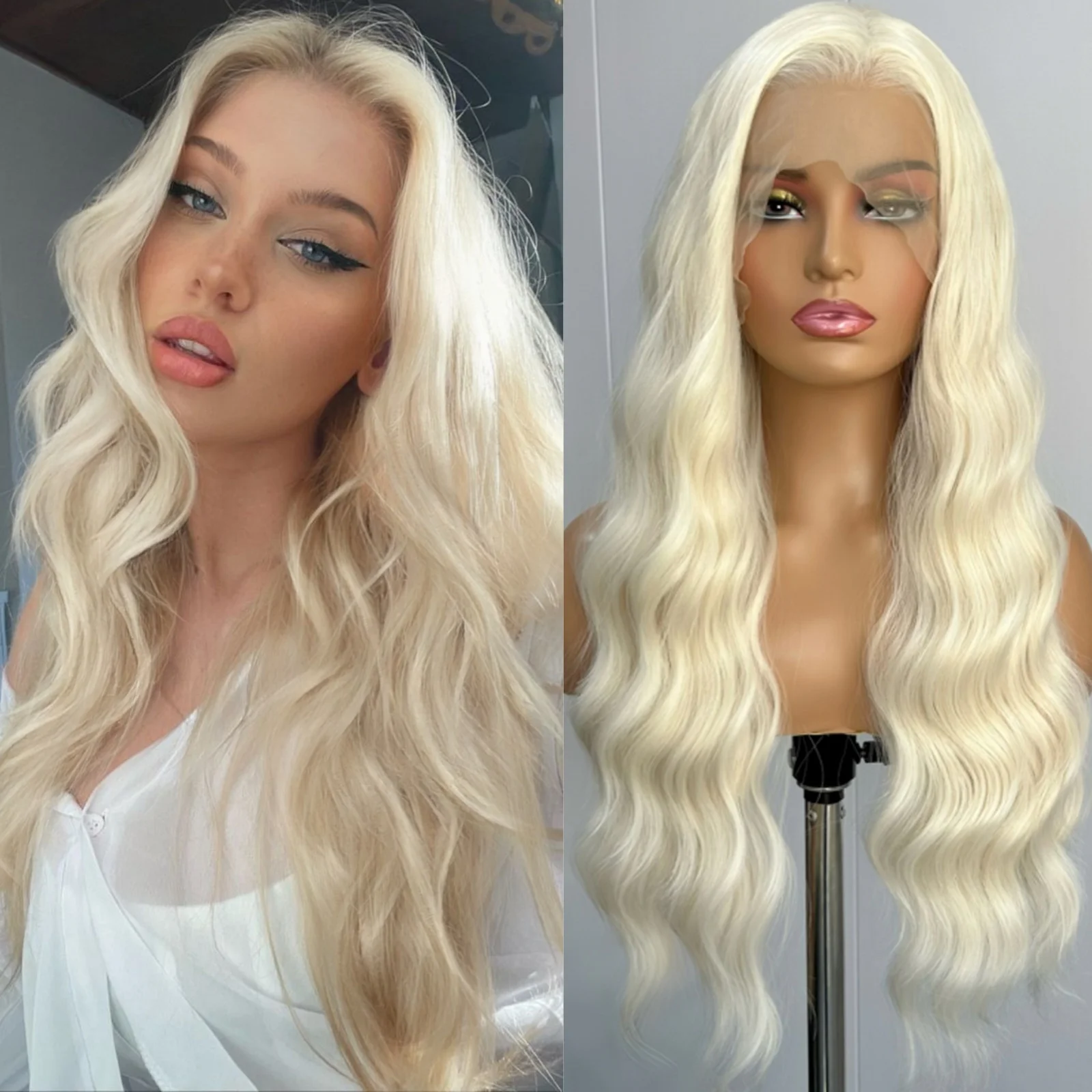 

Long Curly Wavy Blonde Wig Synthetic Hair Free Part Platinum White Blonde Loose Deep Wave 13X4 Lace Front Wigs for Women Daily