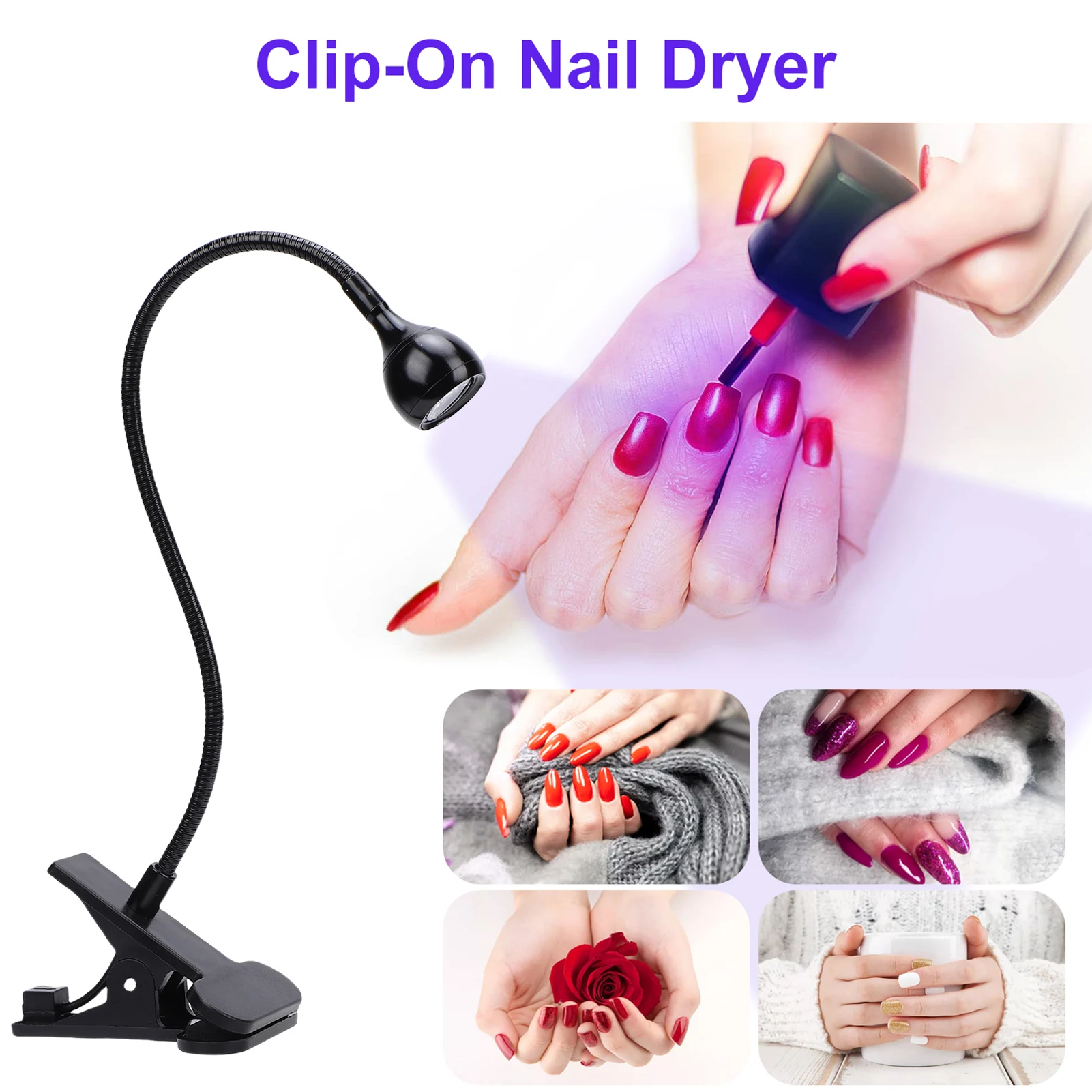 Lampada per unghie UV da 395 nm, lampada per polimerizzazione delle unghie in gel alimentata tramite USB, asciugatrice portatile per smalto gel con interruttore on/off, morsetto forte, 360 °   Rota Rota