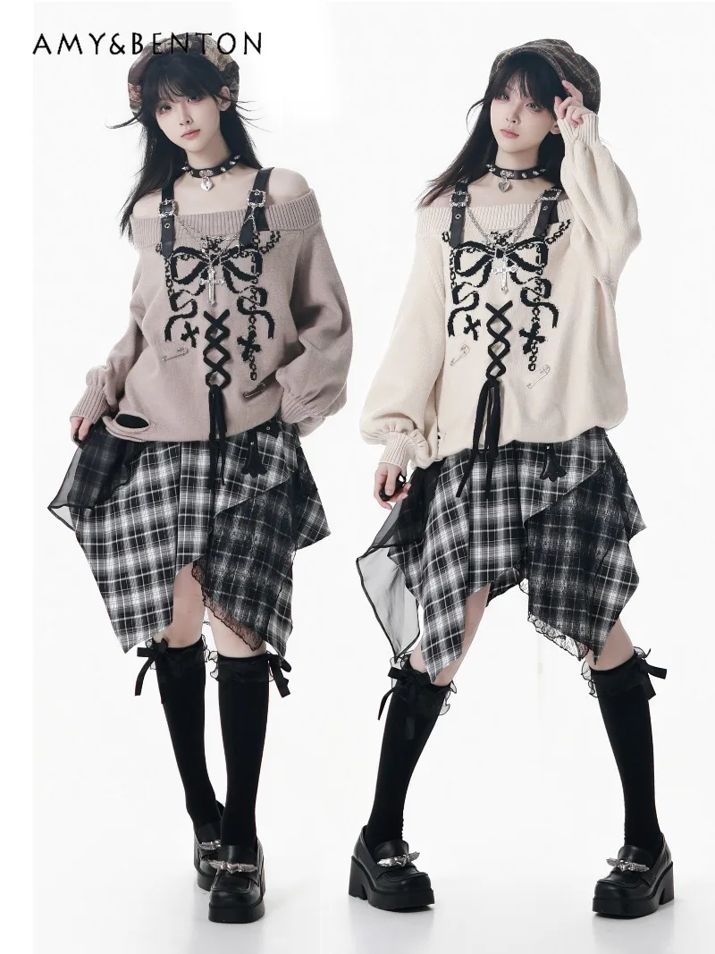 

Sweet Cool Hot Girl Off-Shoulder Leather Strap Sweater Plaid Skirt Set Autumn Winter Harajuku Style Gothic Ripped Sweater Women
