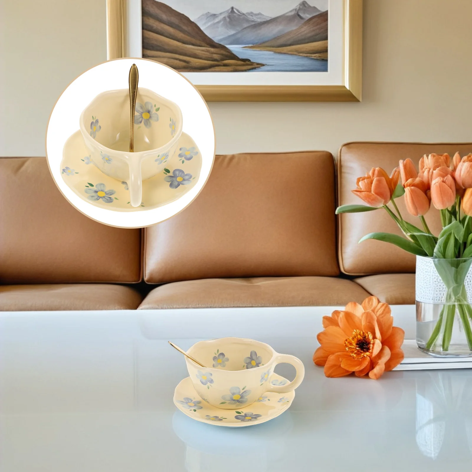 

1Set Floral Ceramic Coffee Cup Set Creative Porcelain Mug Saucer Spoon Kitchen Latte Cappuccino Coffee Mug and Saucer Set