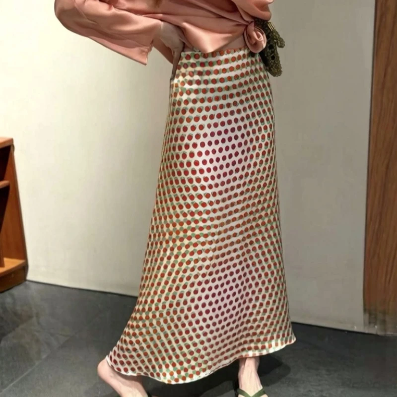 Retro Polka Color Blocking A-line Design Dot Silk Midi Skirt