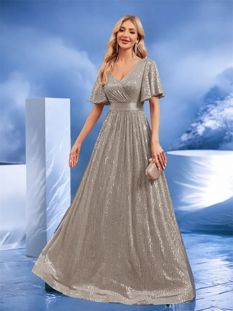 Lucyinlove Luxury V Neck Short Sleeves Formal Evening Dress Women 2024 Sequins Wedding Party Prom Maxi Cocktail Dresses Gown