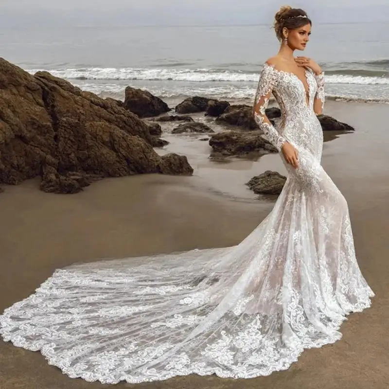 Shiny Beading Back Long Sleeve Appliques Lace Mermaid Wedding Dresses Elegant Vestido De Noiva Sereia