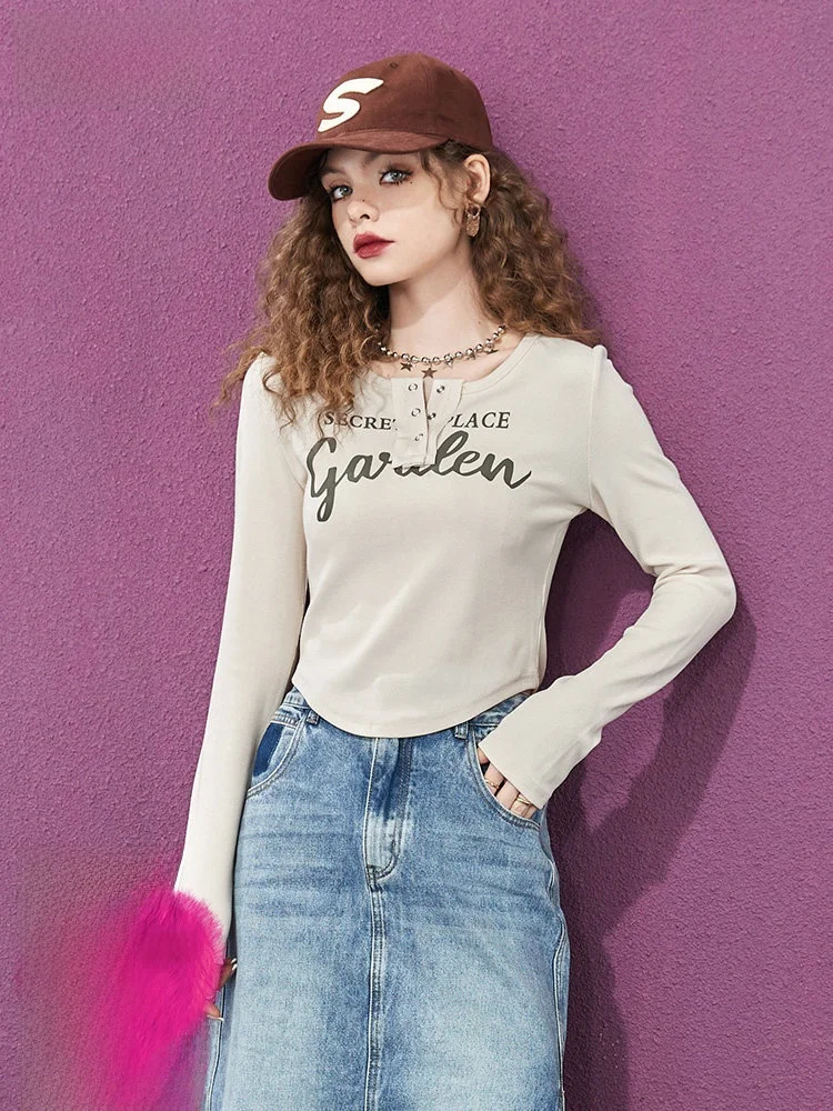 

Slim Fit ort Sve round Ne Letter Print Long Sve T-irt Women's Base irt Casual Sle Autumn New Arrival