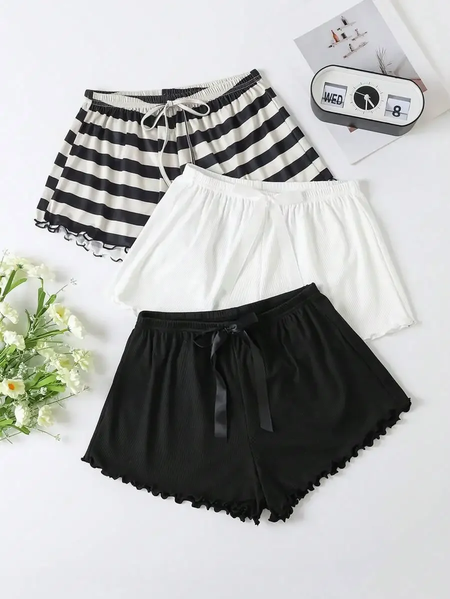

Three-Piece Women’s Relaxing Striped And Plain Sleep Shorts With Ruffled Hem