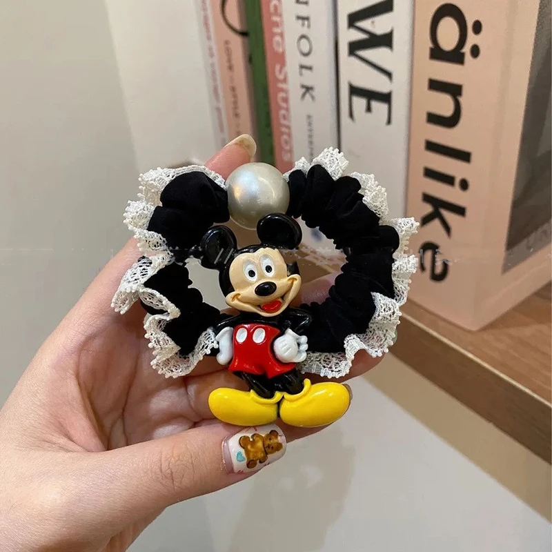 Anillo de pelo con borde de encaje de Anime de Disney Kawaii, dibujos animados de Mickey Mouse, cinta elástica exquisita y dulce, regalo para niña, novedad de 2024