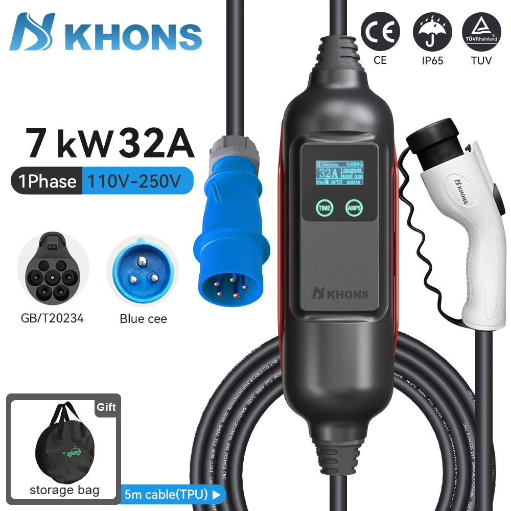 Khons 7KW GBT Electric Vehicle Charger Single Phase 32A EVES Portable Charger Chinese EV 5M Cable 6A-32A Adjustable Current