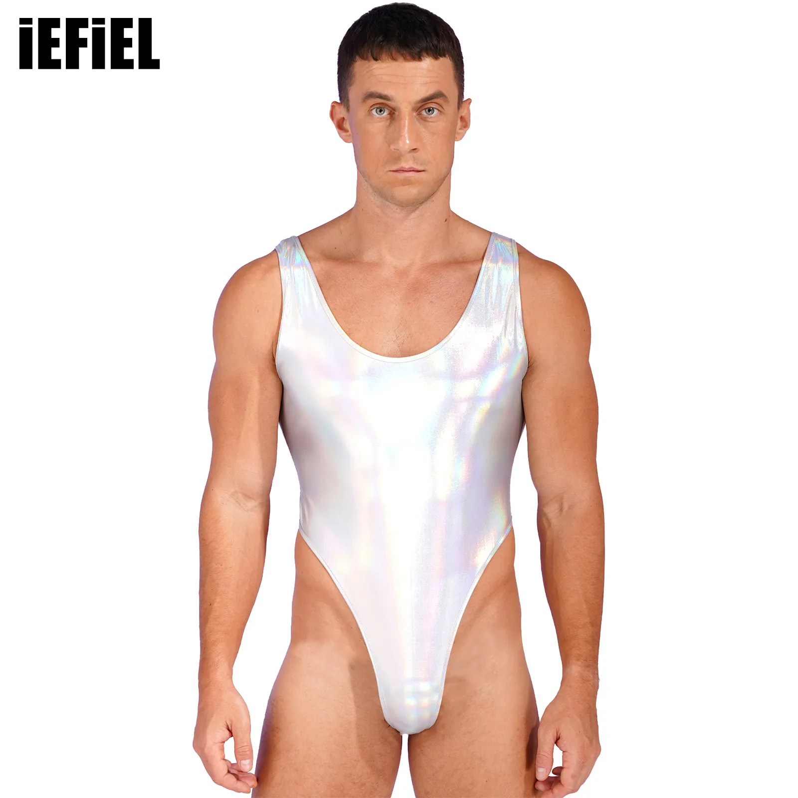 

Mens Fashion One-piece Swimsuit Sleeveless High Cut Wetlook Faux Leather Stretch Leotard Bodysuit Bathing Suit