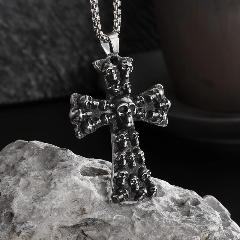 Fashion Gothic Skull Push Up Cross Pendant Stainless Steel Necklace Men\'s/Women\'s Halloween Party Punk Jewelry Gifts