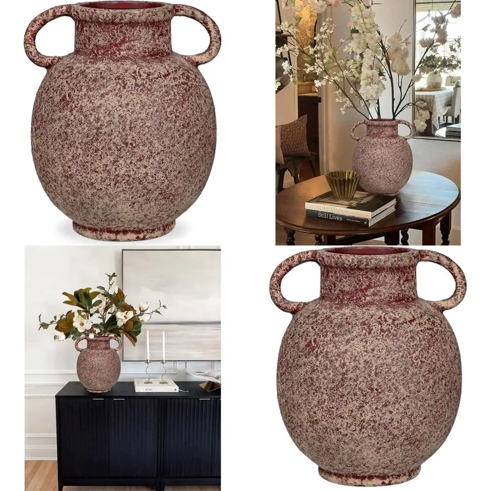 

9.4 Rustic Farmhouse Ceramic Vase with Handles for Boho Chic Centerpieces and Home Decor