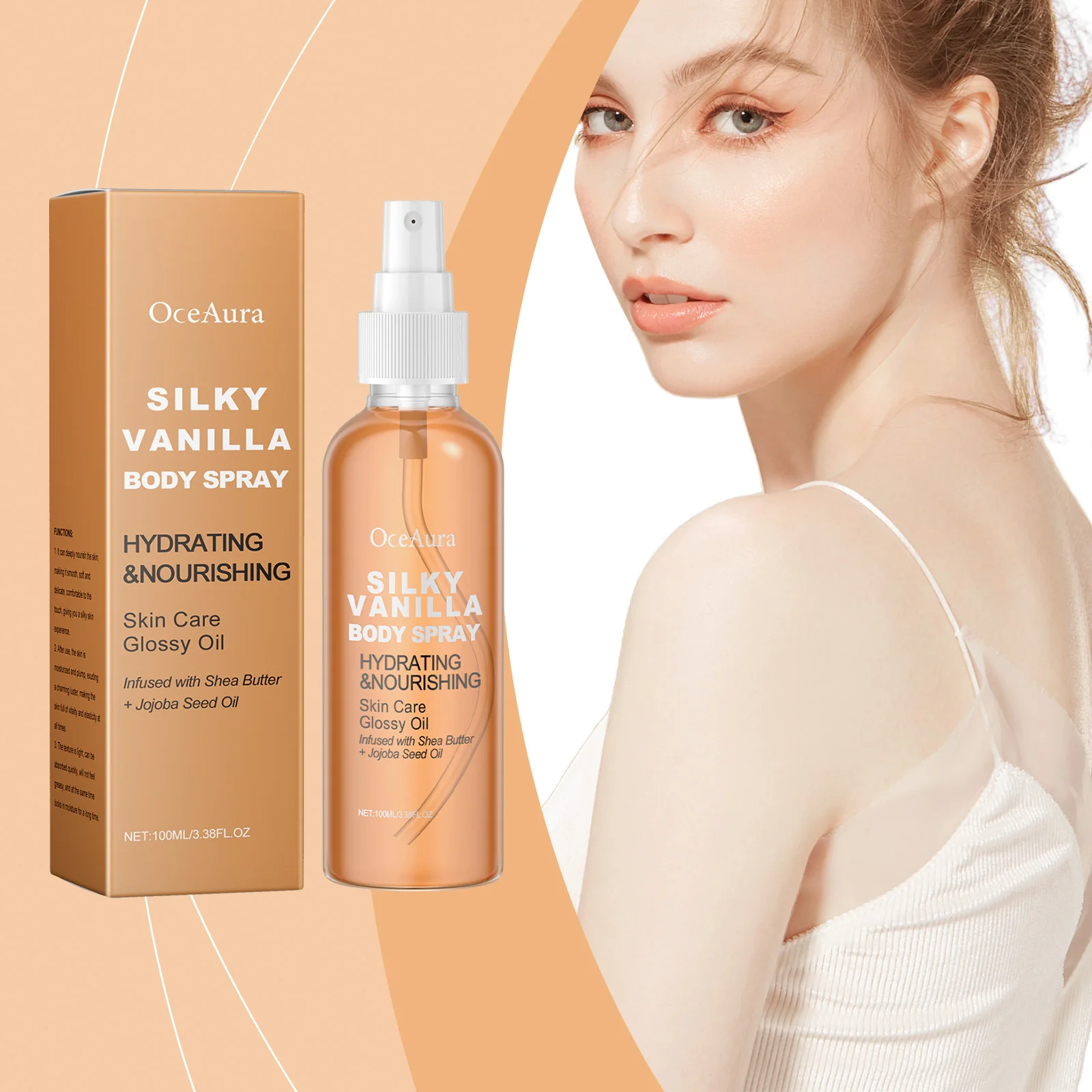 Spray corporal hidratante de vainilla, aumenta la elasticidad de la piel, mejora el secado, fragancia suave y persistente, aceite nutritivo para la piel brillante