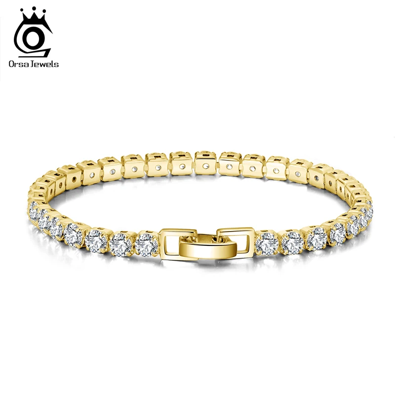 ORSA JEWELS 14K Gold Plated 925 Silver 2/3/4mm Cubic Zirconia Luxury Tennis Bracelet for Women Chain Bracelet Jewelry SB91