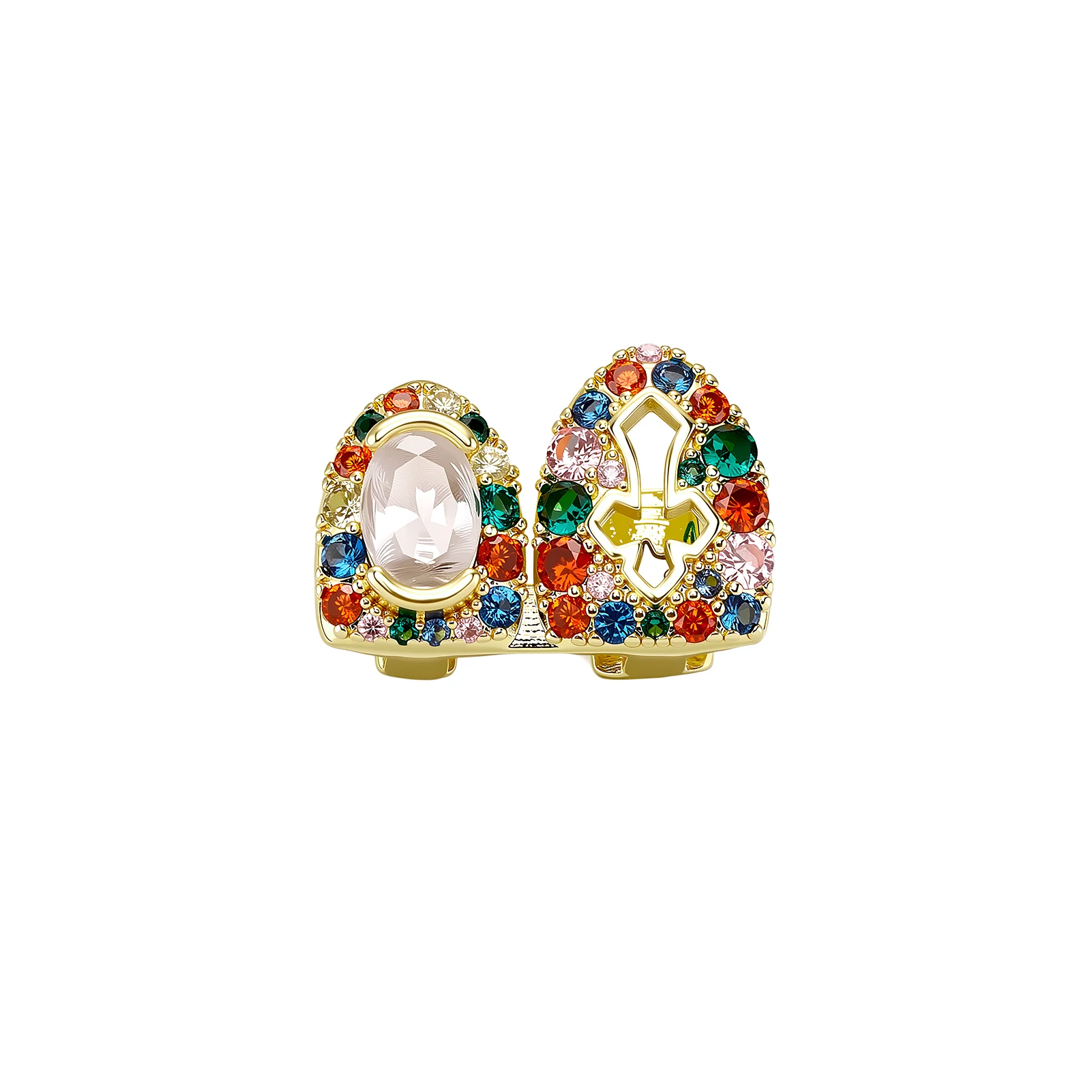 JINAO Hip-Hop Upside-Down Doppelzähne Iced Rainbow Hollow Holy Cross CZ Grillz Ober- und Unterkiefer Glänzendes Grill-SET Punk Rapper Weihnachtsgeschenk – Detail 5