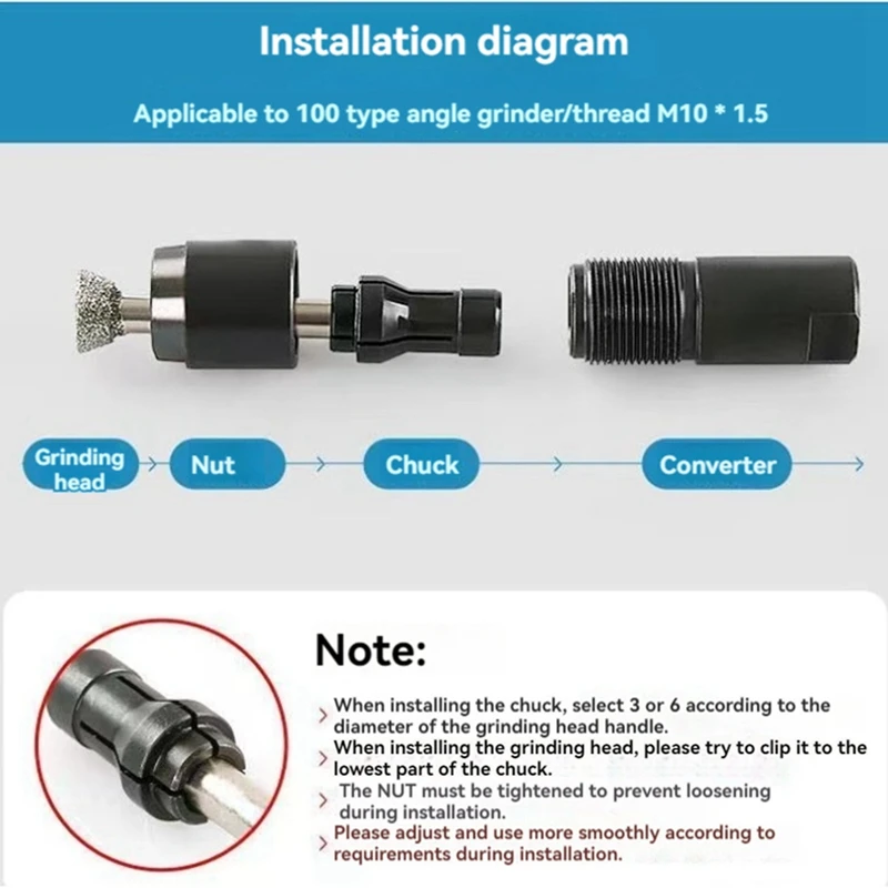 アングルグラインダーアダプター、100タイプアングルグラインダー用ストレートチャック、m10スレッドグラインダーカッター、3mm、6mm
