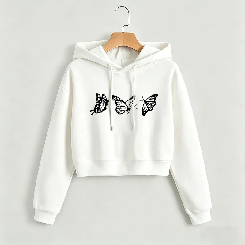 Vintage-Sweatshirt mit Schmetterlingsdruck, bauchfreies Sweatshirt, Crop-Top, Kapuzenpullover, Y2k-Sweatshirts, Gothic-Kleidung im lässigen Stil, Herbst und Winter