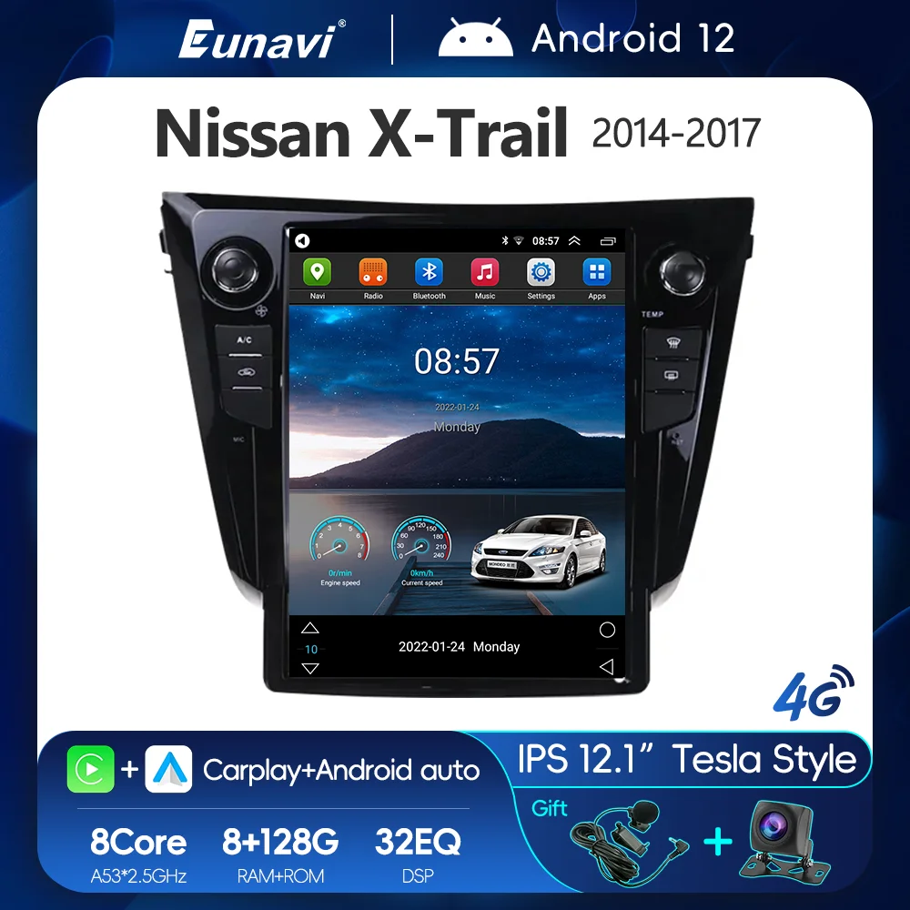 Eunavi 12.1 inch Car Radio Android 12 Tesla Style IPS GPS Multimedia Player For Nissan X-Trail T32 2014-2017 DSP 32EQ Carplay