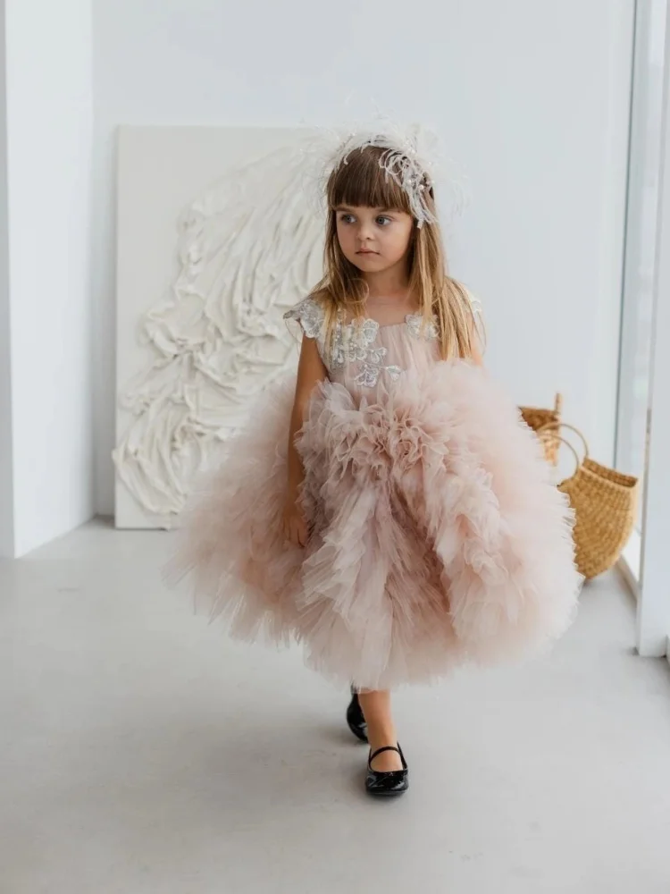 Custom Flower Girl Dress Delicate Lace Floral Applique Ultra Puffy Ruffled Tutu Skirt For Wedding,Photoshoot,Pageant,Birthday