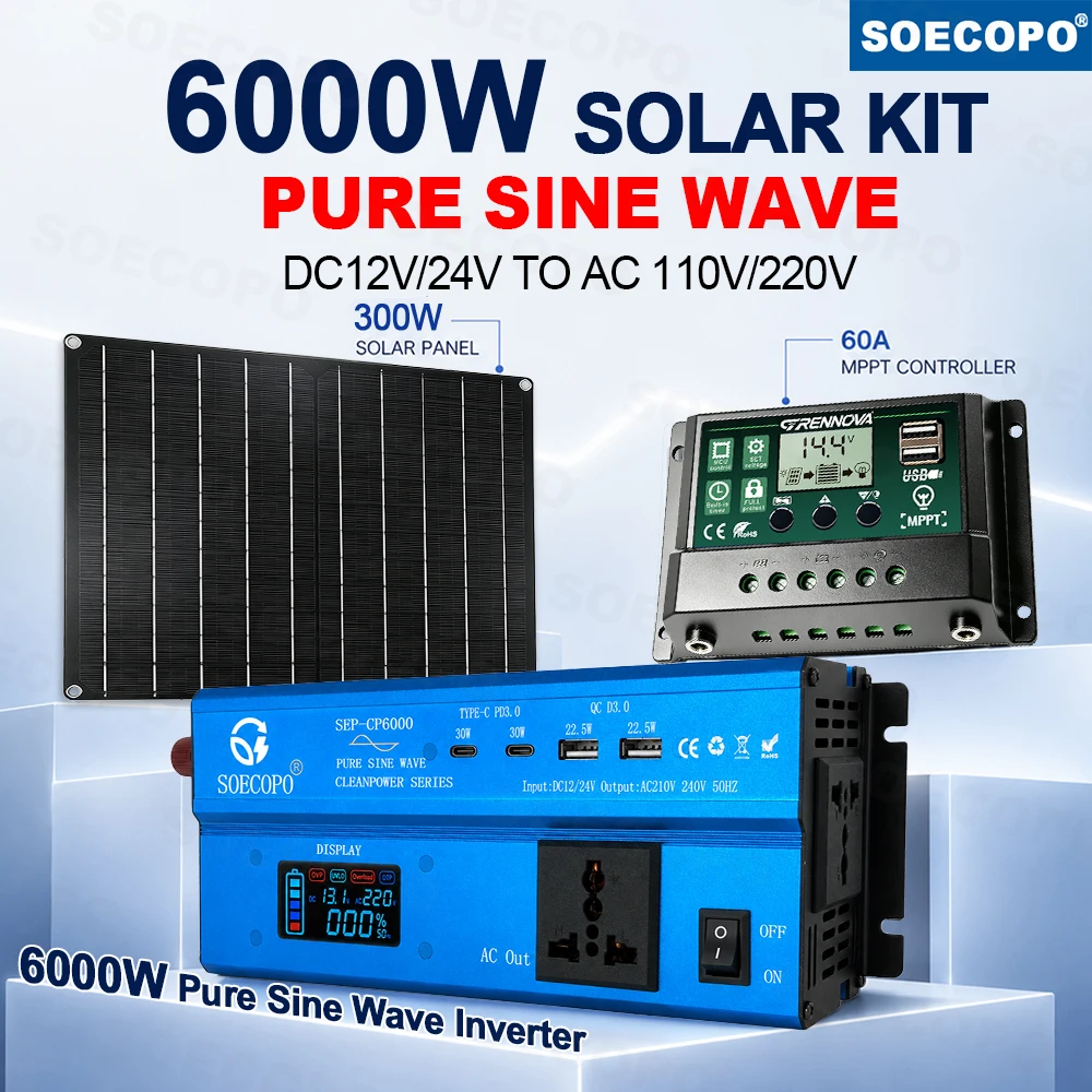Reliable Off Grid Power Solution 6000W Pure Sine Inverter 300W Solar Panel 60AMPPT Easy Installation for Home Garden Emergency