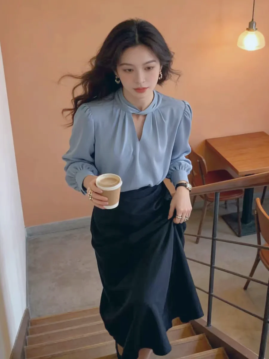 女性のエレガントなホルター V ネックブラウス春夏長袖シフォ - Summer Clothing Work のレビューと価格