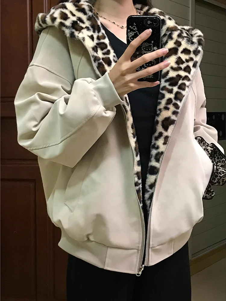 

Cleanfit Thiened Hooded Leopard Print Cotton Jaet Men's Winter Coat Double-Sided Wear ort Sle Zipper Closure Casual