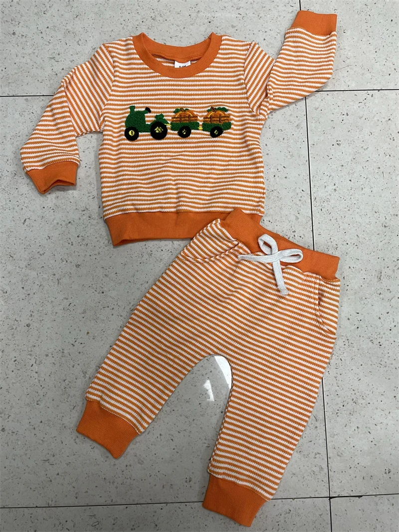 

Toddler Baby Boy Halloween Outfit Pumpkin Embroidery Striped Long Sleeve Sweatshirt with Pants 2 Pcs Set