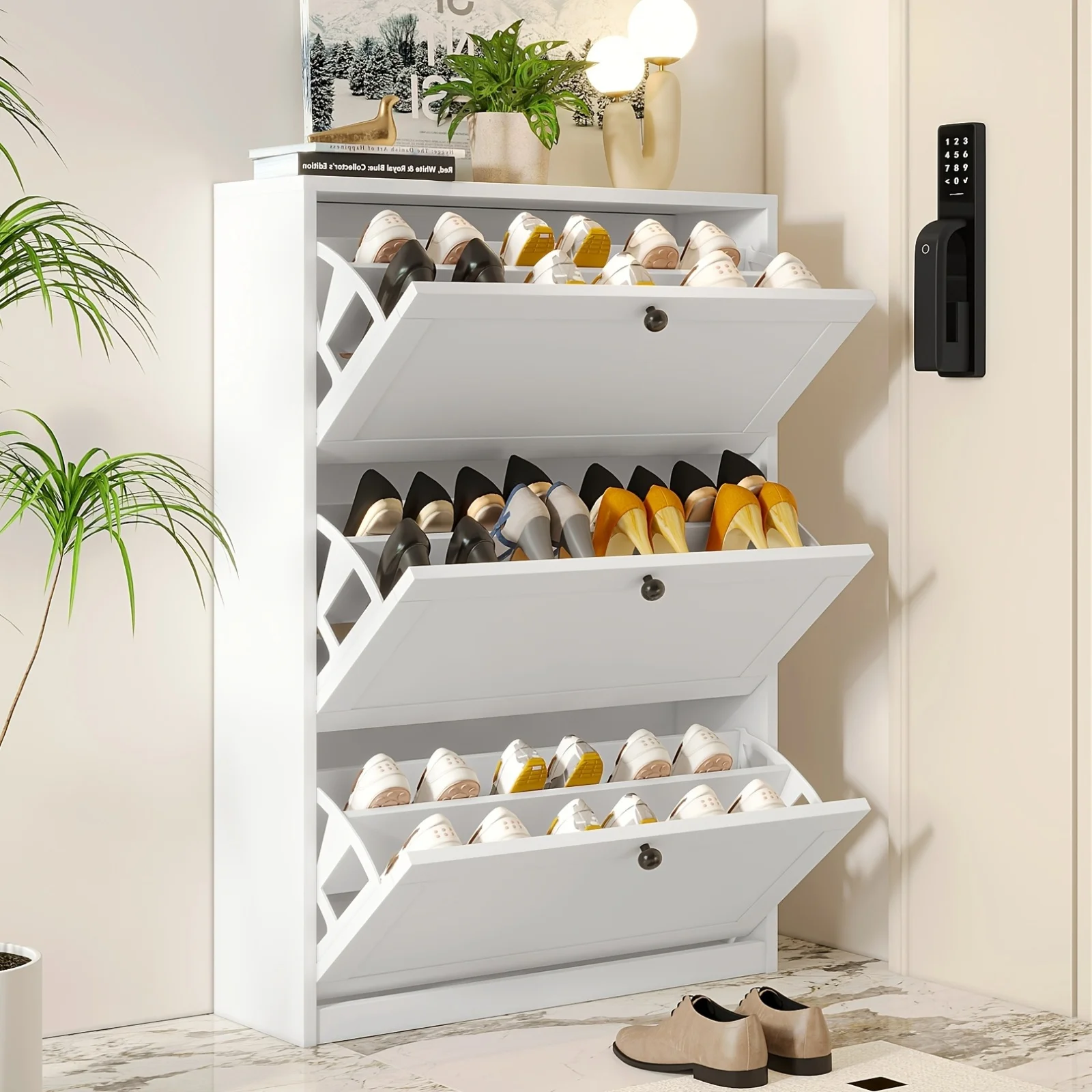 

[31.5" White Shoe Rack] 2/3 Flip Drawers 31.5" White Wooden Modern Shoe Rack | Entryway, Hallway, Living Room