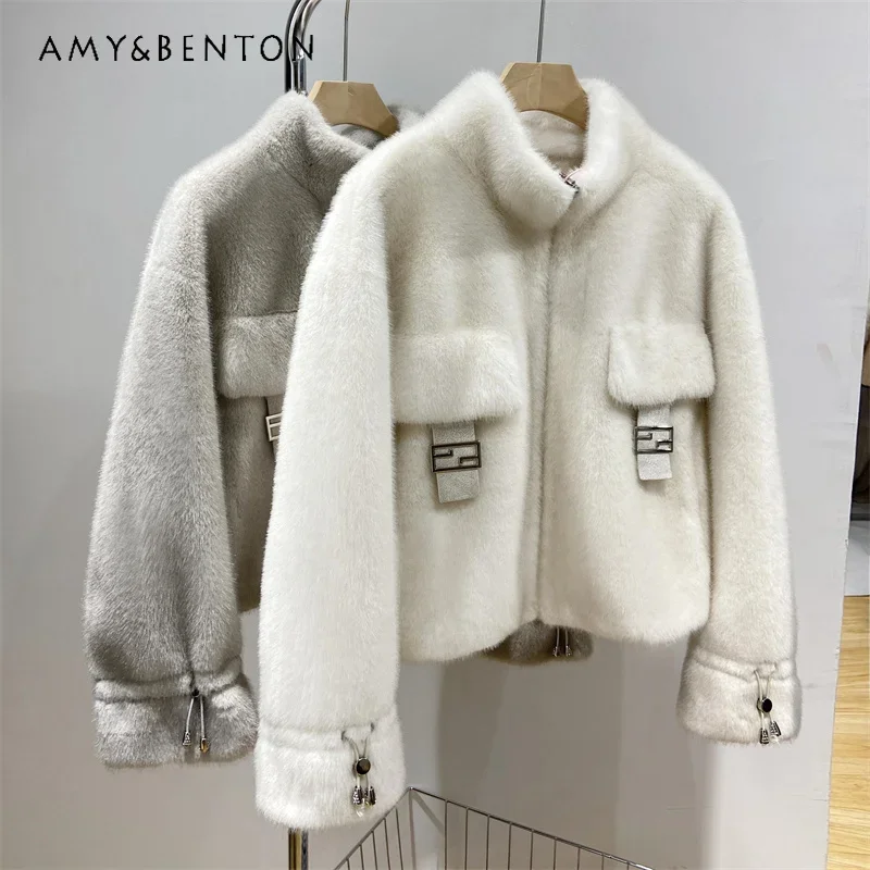 

2024 Winter New Imitation Fur Environmental Protection Mink Stand-up Collar Gold Mink Fur Jacket Women OL Short Faux Fur Coat