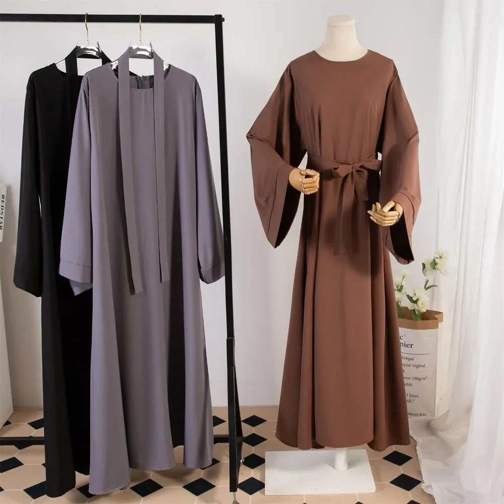 Abaya musulmani con cintura caftani larghi abito da preghiera manica intera abbigliamento islamico donna Jilbabs Dubai Robe Lace Up abiti lunghi