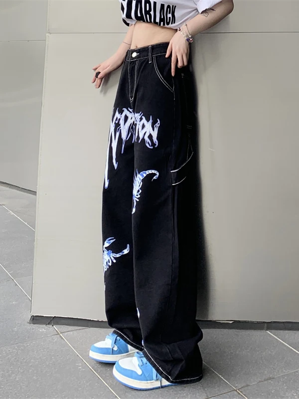American Vintage High Waist Slim Black Jeans Women Autumn Washed Old Printed Straight Pants Hot Girl Streetwear Wide-leg Pants