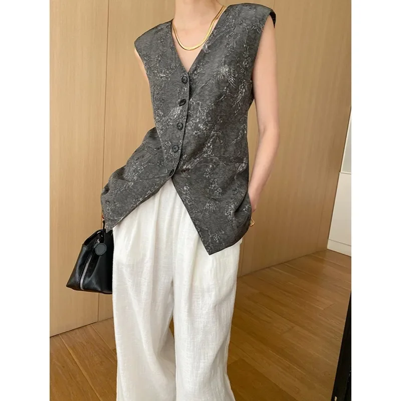 

Women Vintage Gray Casual Jacquard V-neck Sleeveless Vest Fashion Korea Chic Office Khaki Green Small Fragrance Lady Tops Summer